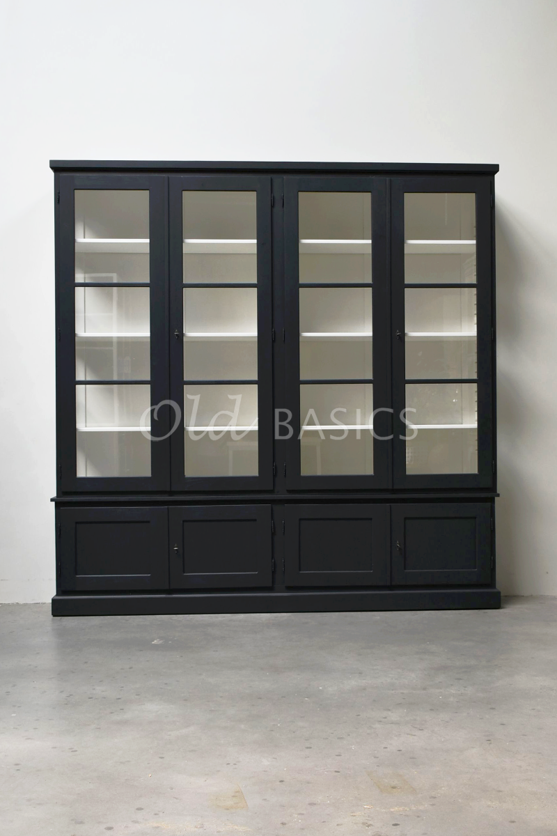 Detail van Vitrinekast Monaco, 4 deuren, RAL7021, zwart, grijs, materiaal hout